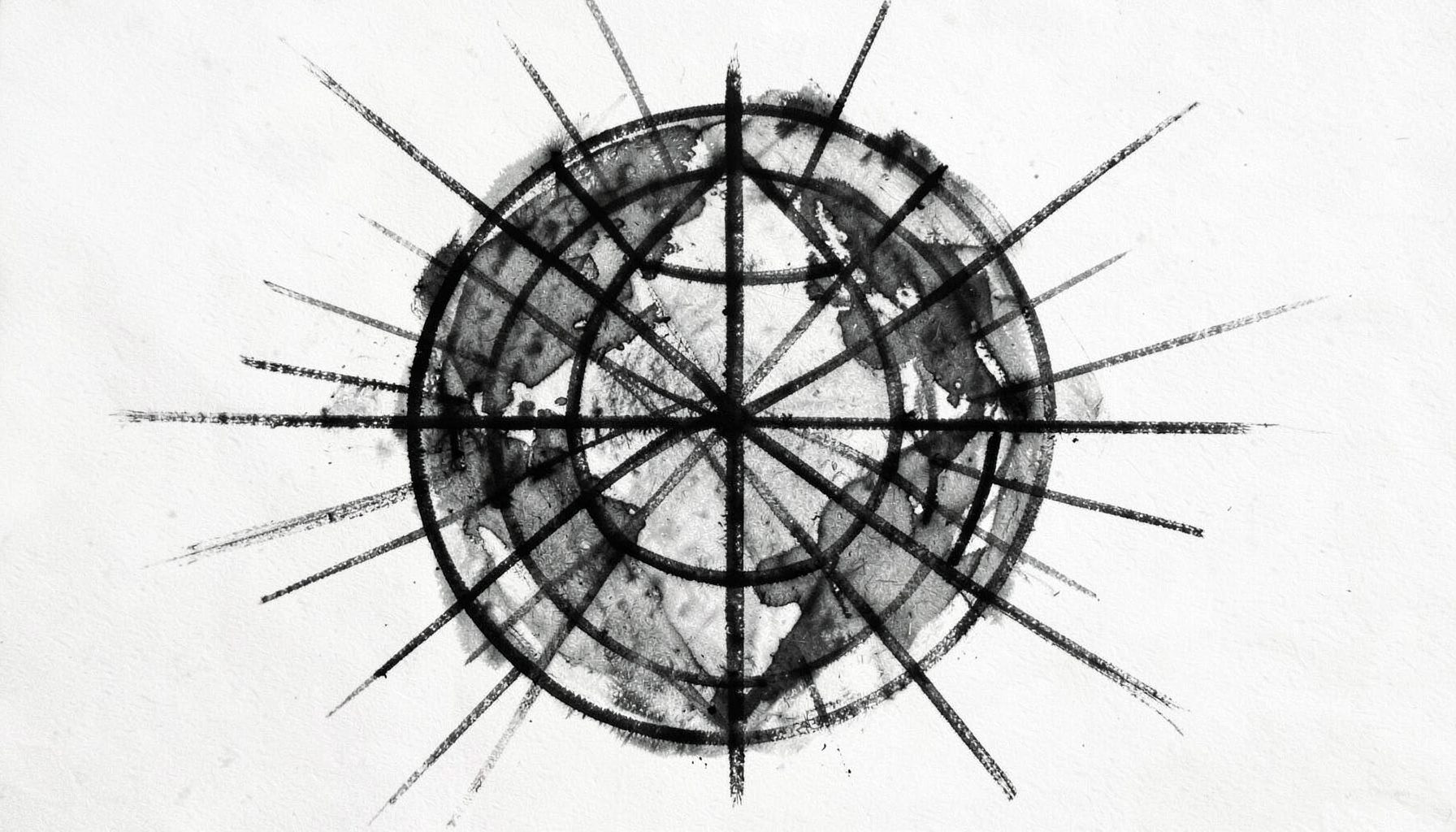 A bold charcoal drawing of a globe with interconnected lines radiating outward, deep charcoal blacks and soft grey washes, conveying global connection and journalism.