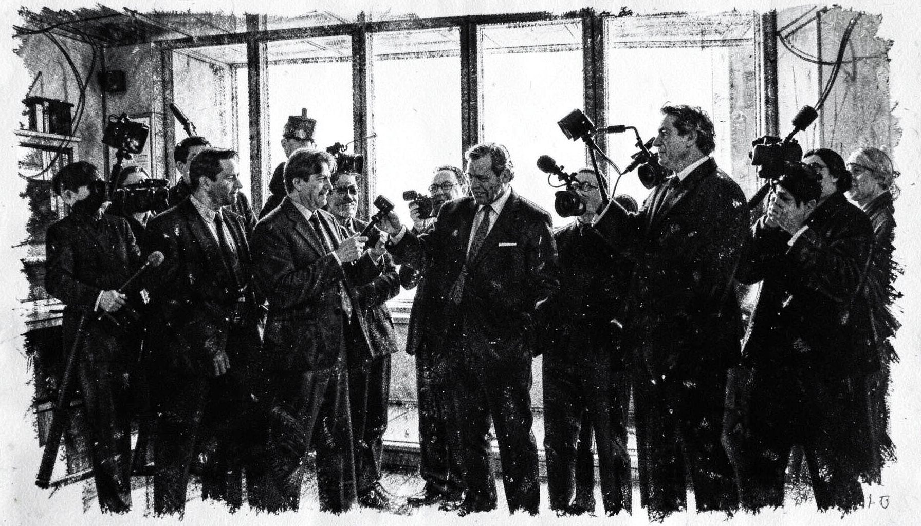 A bold charcoal drawing of a group of journalists holding cameras and microphones, silhouetted against a bright window in a newsroom.