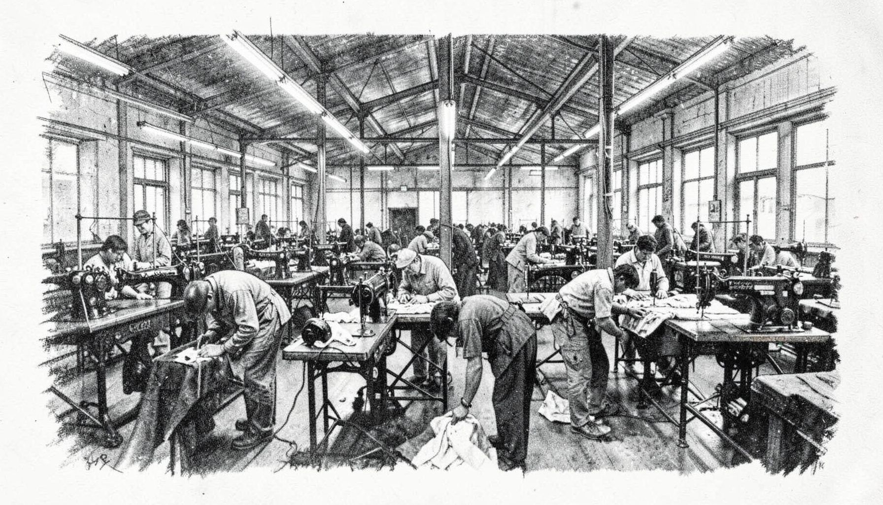 A charcoal drawing of rows of sewing machines in a large factory hall, with workers bent over fabric under hanging fluorescent lights.