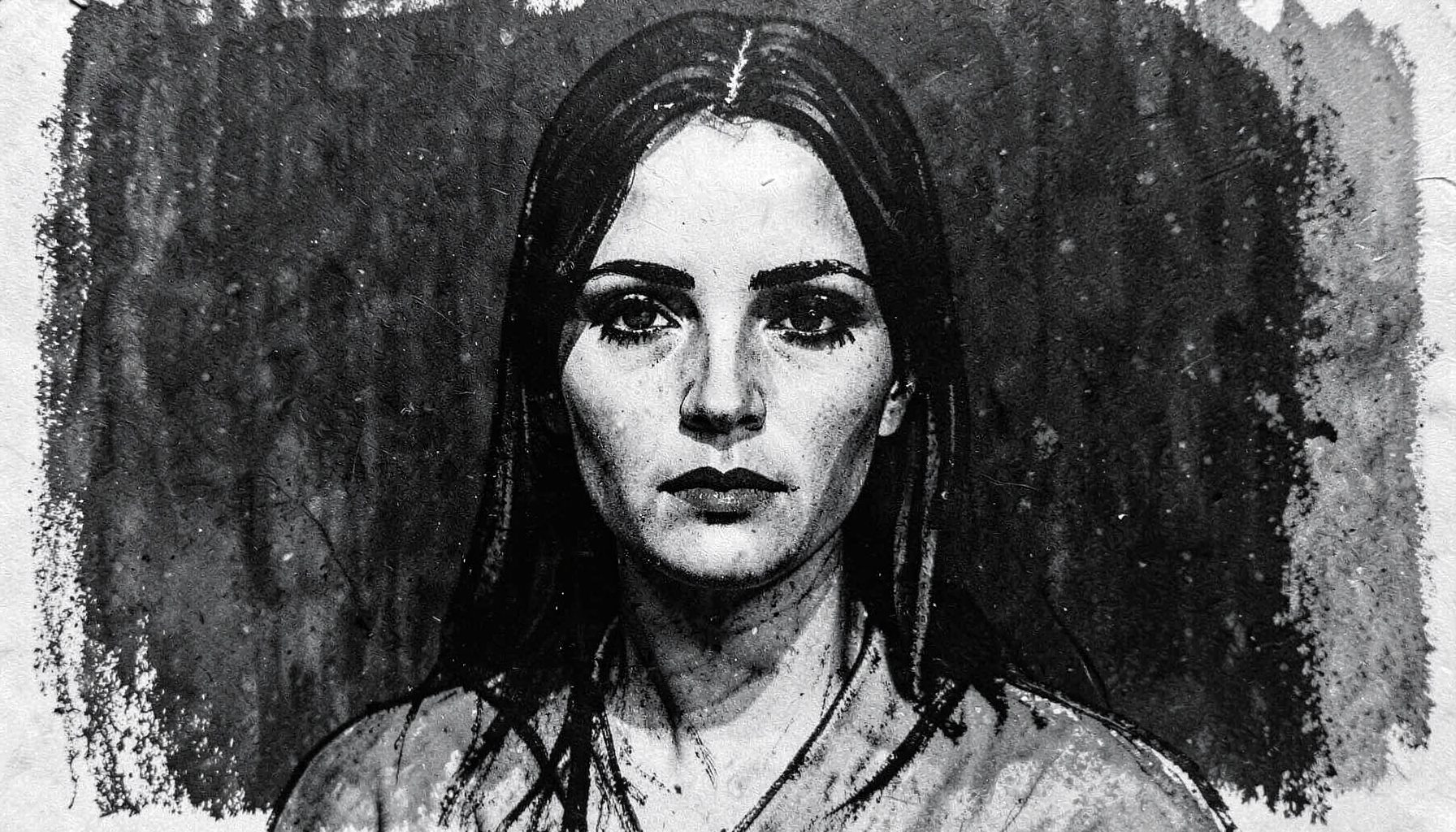 A stark charcoal portrait of a woman with a partially shadowed face, her expression calm but resolute, set against a textured dark background.