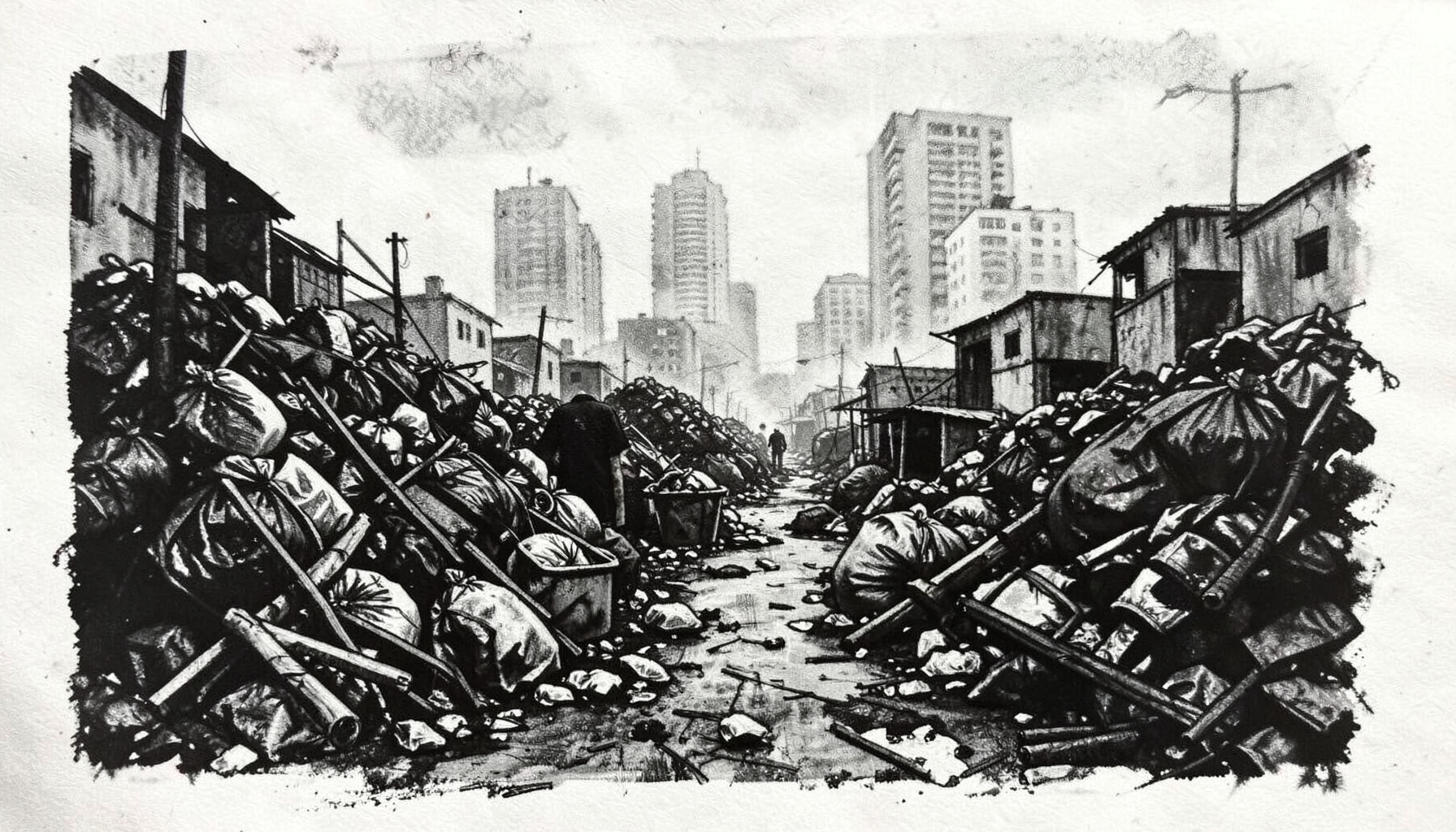A charcoal cityscape of piled waste and informal recycling operations, with distant high-rises looming through a haze.