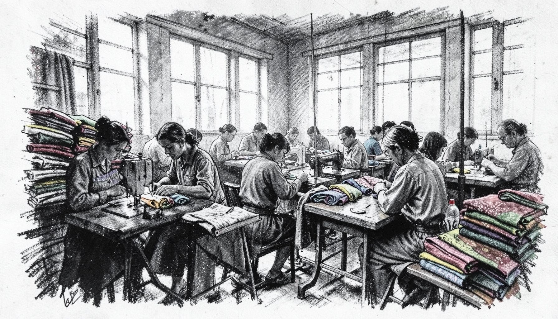 A charcoal sketch of garment workers at sewing stations, bolts of colorful fabric stacked beside them, light streaming through high windows.