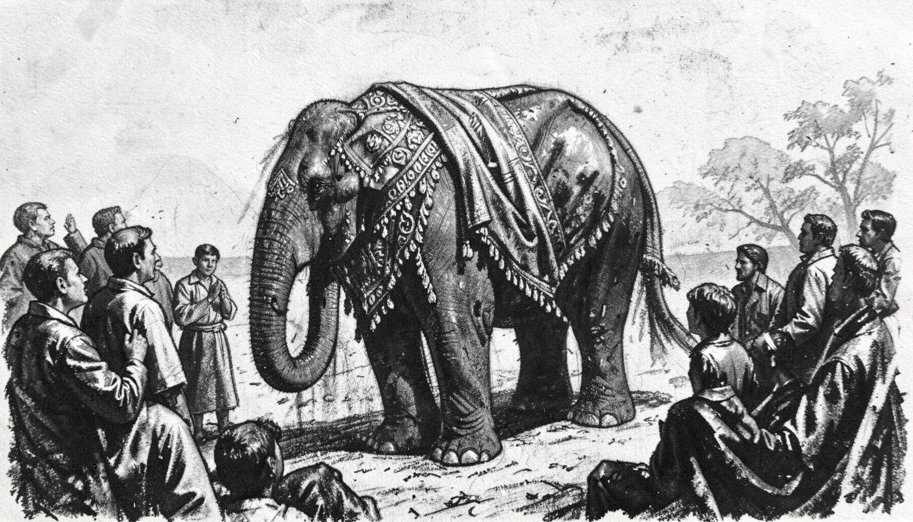A charcoal drawing of a decorated elephant standing in a clearing, surrounded by onlookers, with ornate fabric draped across its back.