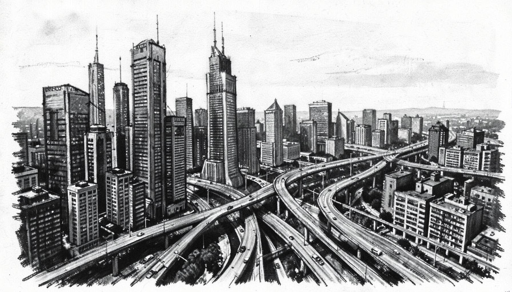 A charcoal panorama of towering skyscrapers merging into a dense urban sprawl, with highways threading between clustered high-rises under a pale sky.