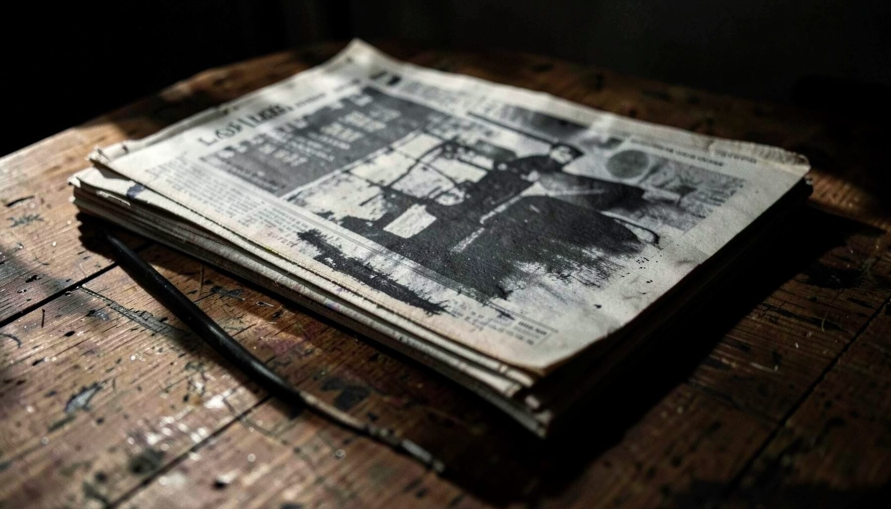 Stack of newspapers on a worn wooden table, dim interior light casting long shadows, muted greys and faded newsprint tones