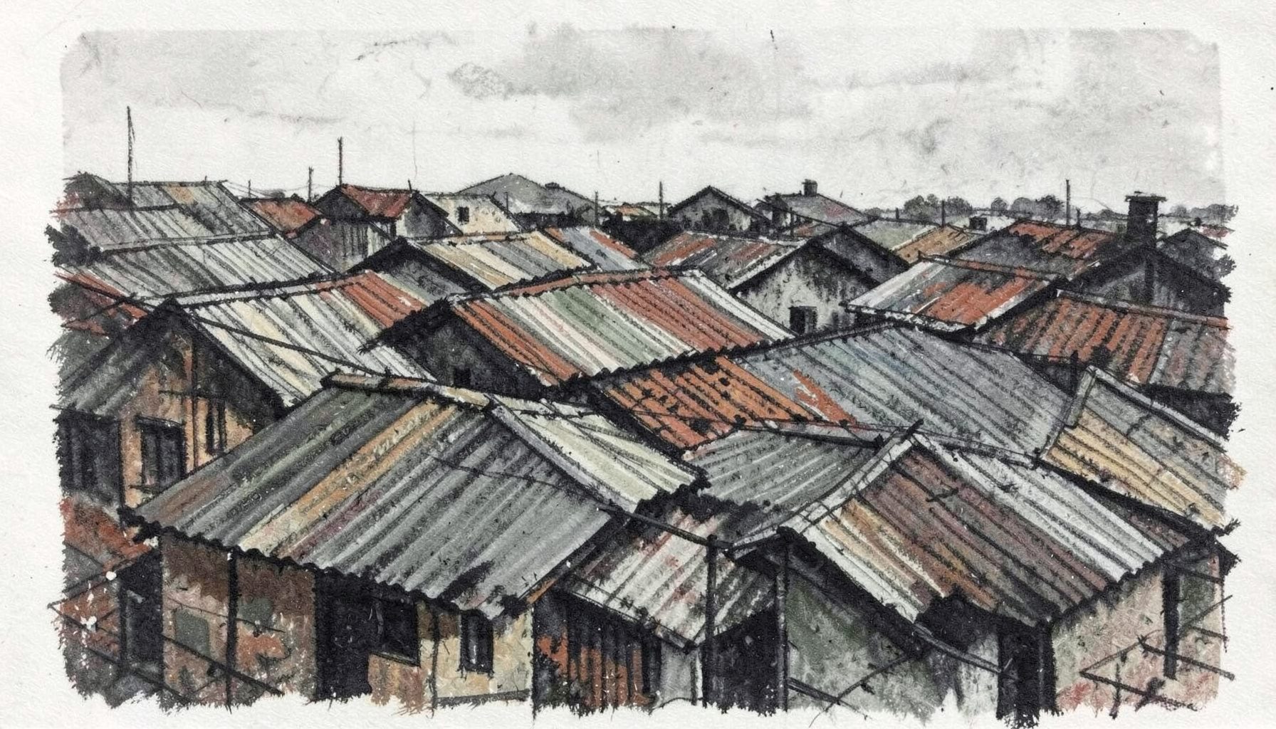 Dense cluster of corrugated iron rooftops in an informal settlement, muted greys and rust browns under an overcast sky