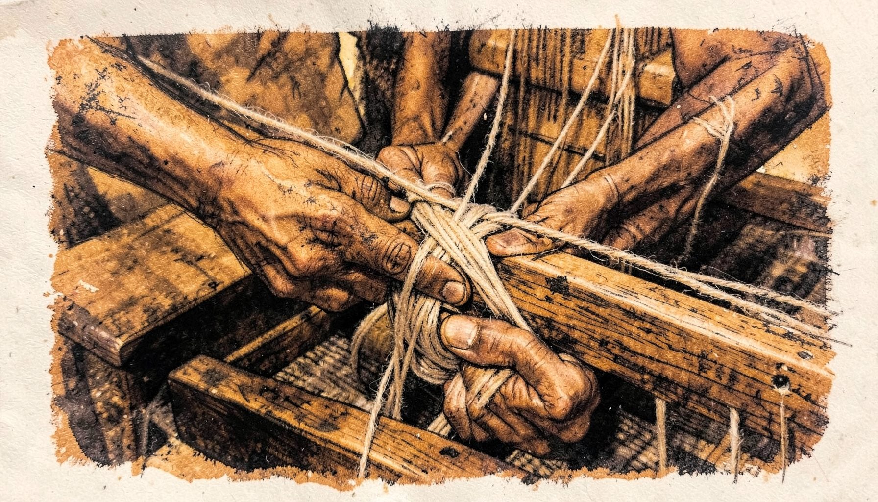 Close-up of hands weaving pale brown cotton threads on a traditional wooden loom, warm earthy tones of ochre and umber