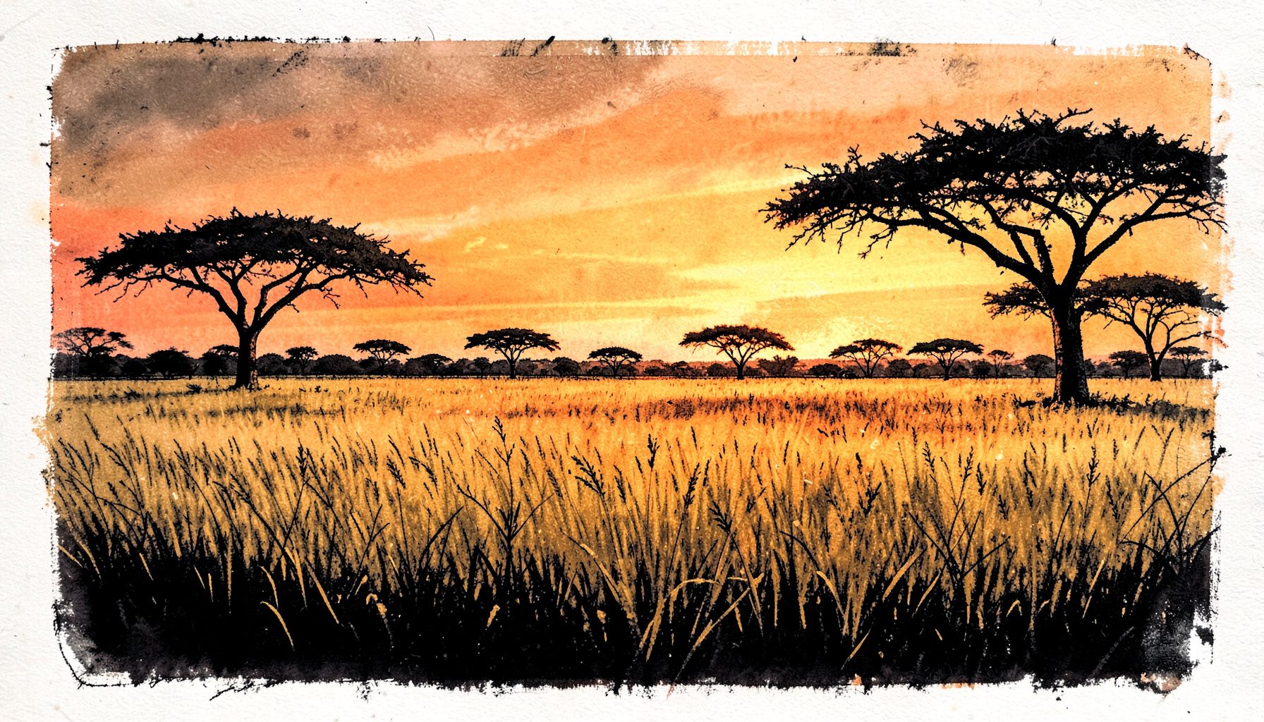 Wide landscape of golden savannah grasslands under a warm orange and amber sky at dusk, with scattered acacia trees silhouetted against the horizon