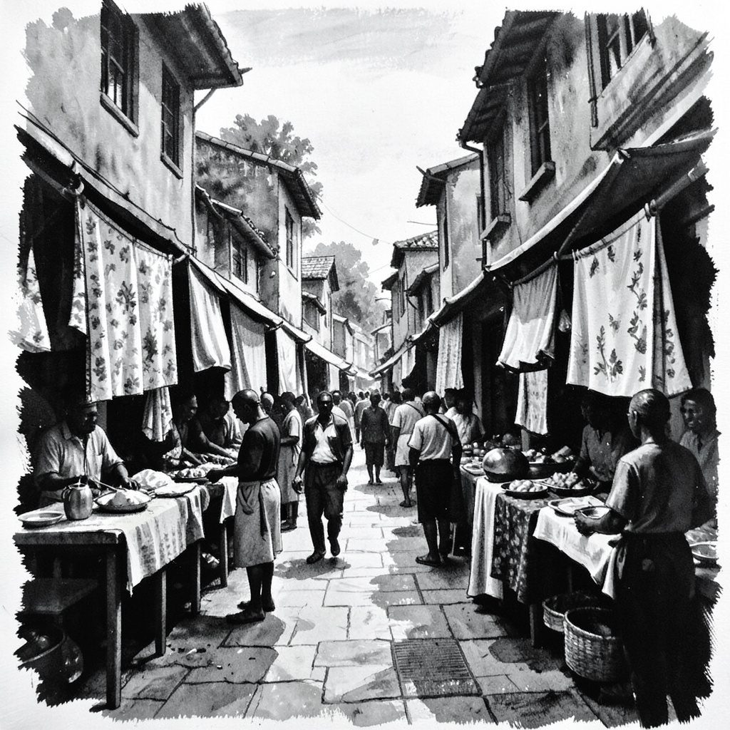 Bold charcoal drawing of a sprawling African marketplace with fabric stalls and figures moving through narrow lanes, deep blacks and soft grey washes