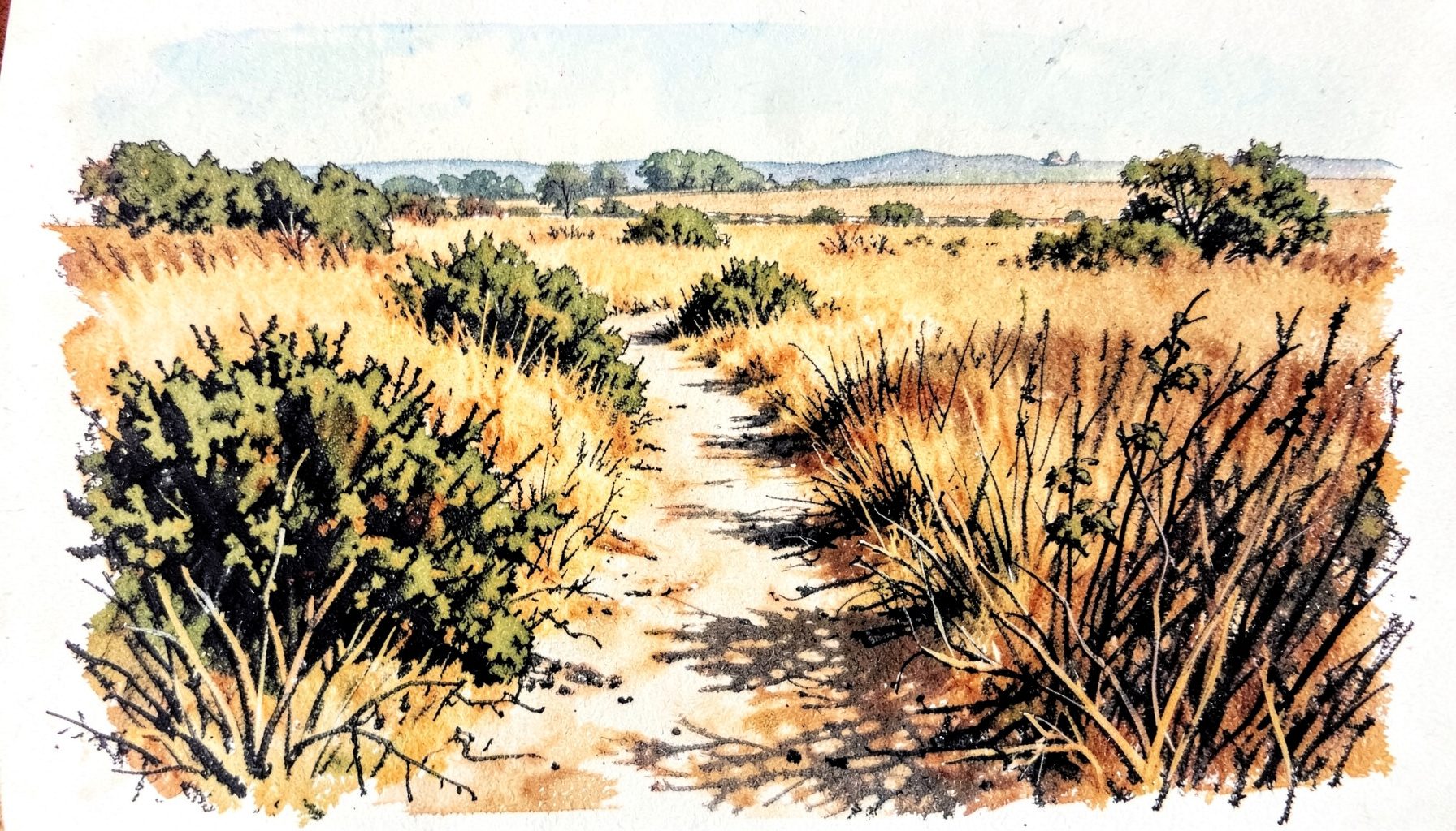 Rural path winding through dry grassland with low shrubs, warm amber and dusty green tones under bright midday light