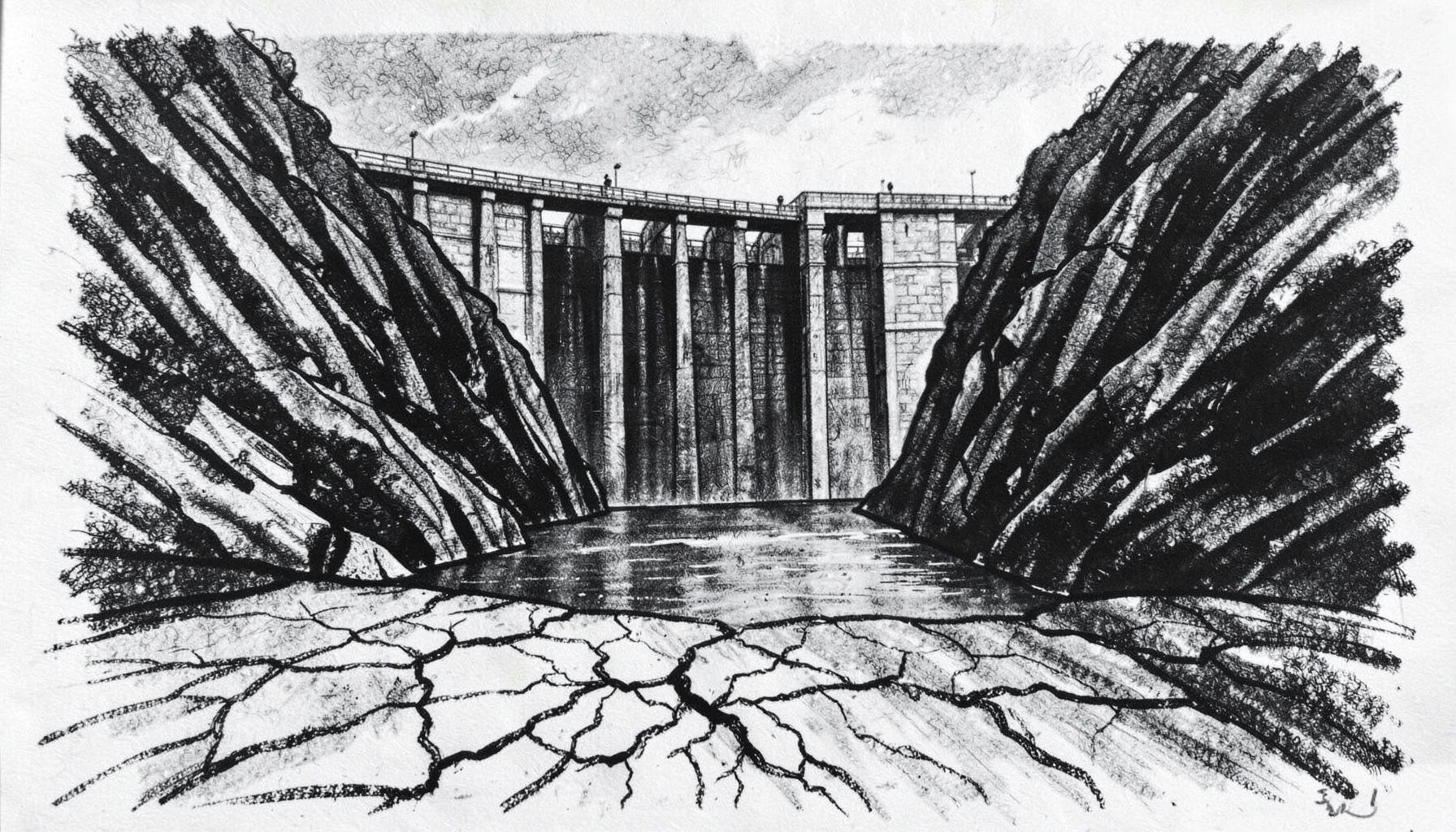 A bold charcoal drawing of a large dam structure spanning a narrow river gorge, with cracked earth in the foreground, executed in dense black strokes and pale grey shading.