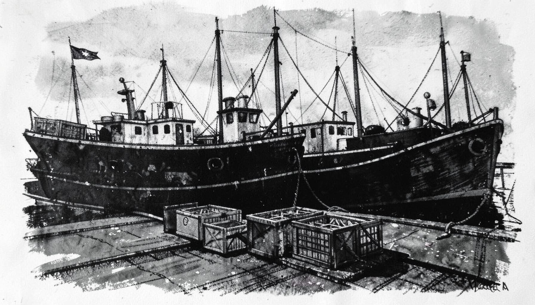 A bold charcoal drawing of fishing vessels at a dock with crates being unloaded, a European flag visible on one vessel, rendered in dense black strokes and muted grey washes.