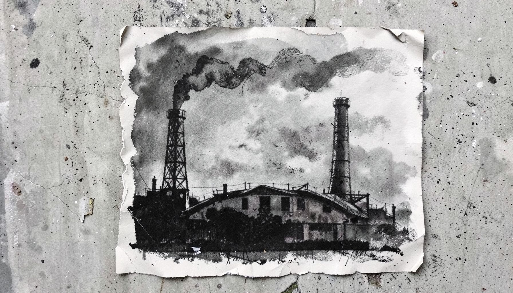 A bold charcoal drawing of a campaign poster peeling from a concrete wall, with industrial smokestacks looming in the background, rendered in heavy dark strokes and muted grey washes.