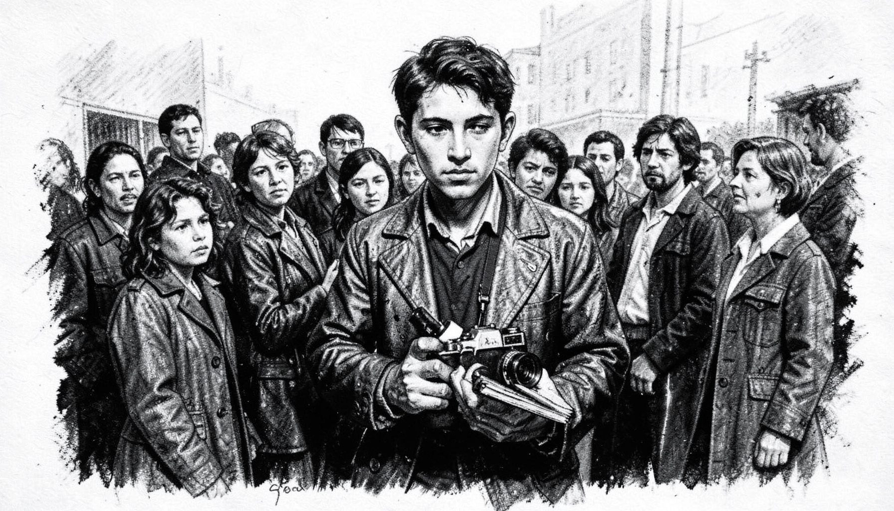 A bold charcoal drawing of a young journalist holding a camera and notebook, standing before a crowd of diverse people, with strong contrasts of black and grey tones conveying urgency and hope.