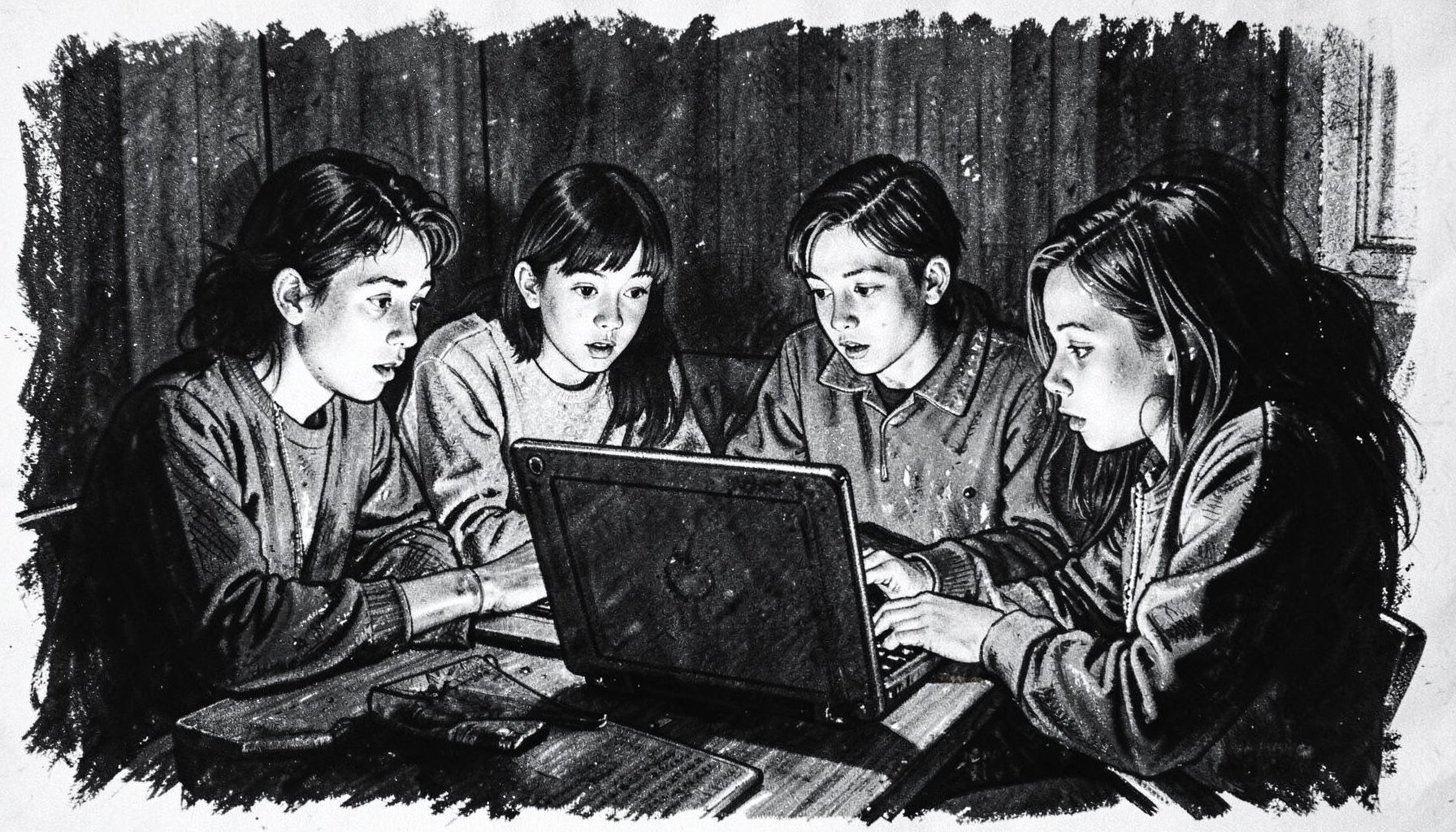 A bold charcoal drawing of young people gathered around a laptop in a dimly lit room, faces illuminated by the screen, conveying curiosity and determination in black and grey strokes.