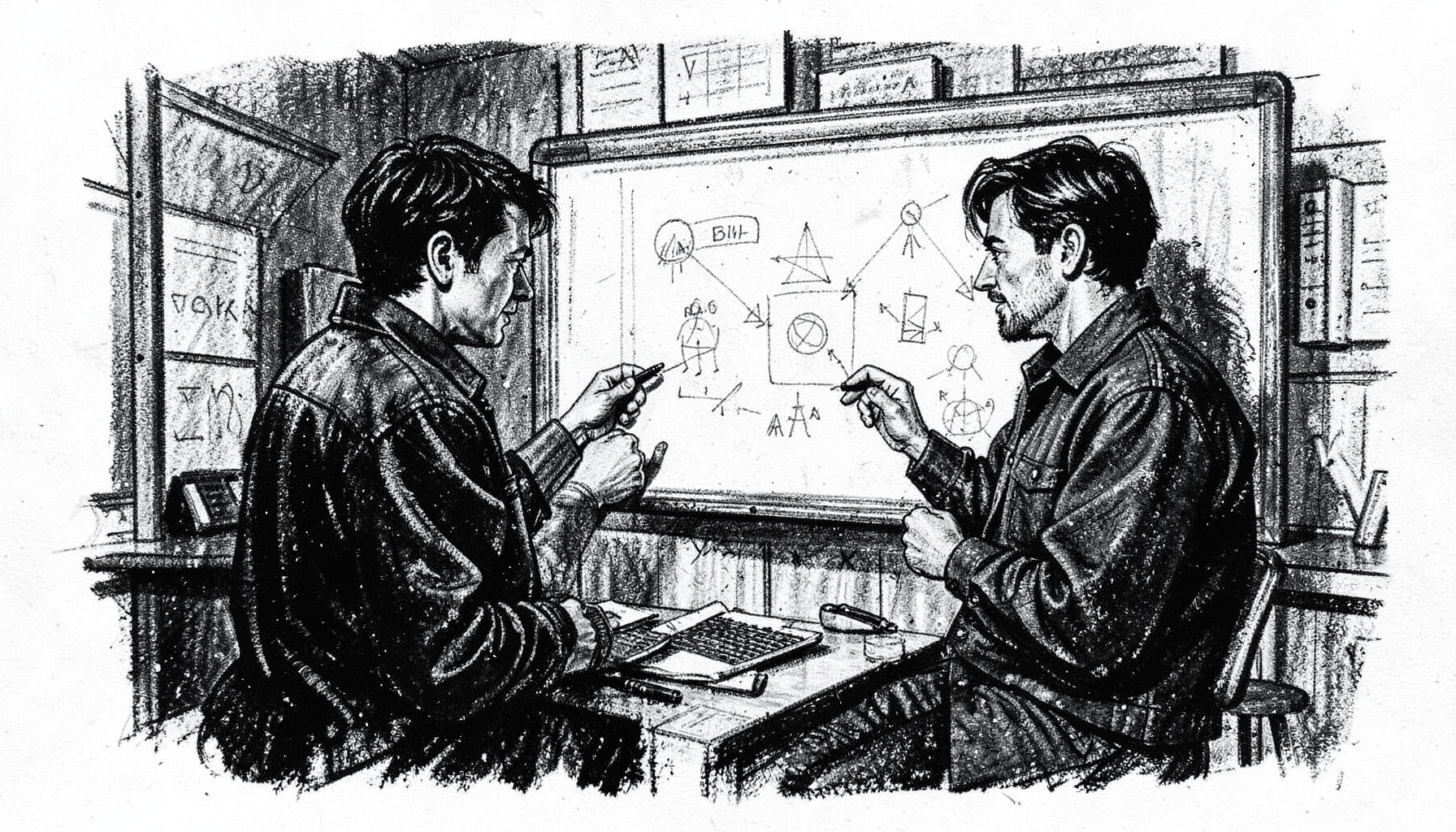 A bold charcoal drawing of a startup workspace with two founders sketching ideas on a whiteboard, energetic lines and deep shadows capturing entrepreneurial drive.