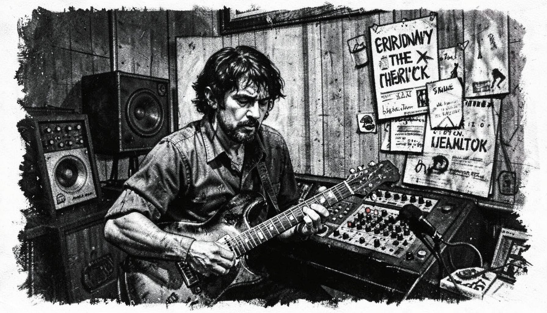 A bold charcoal drawing of a musician in a recording studio with crowdfunding campaign materials pinned to the wall, blending creative and entrepreneurial energy in dark tones.