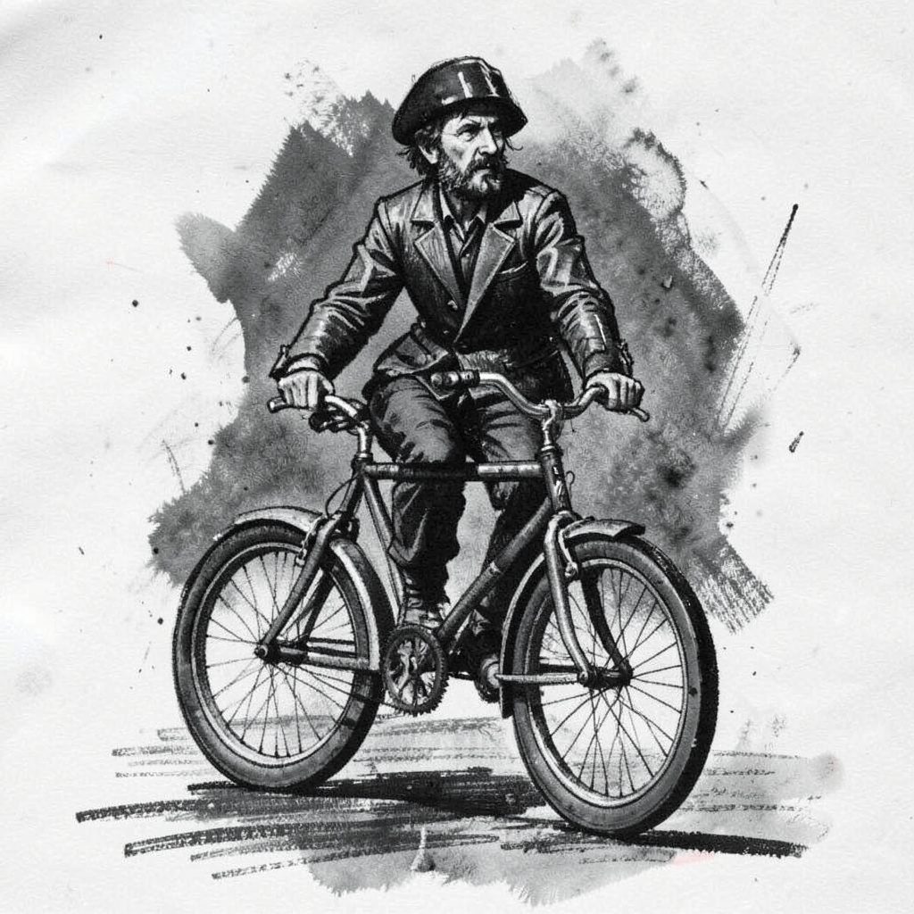 A bold charcoal drawing of a solitary bicycle leaning against a weathered stone wall on a quiet rural road, with dark storm clouds gathering overhead, rendered in heavy blacks and pale greys