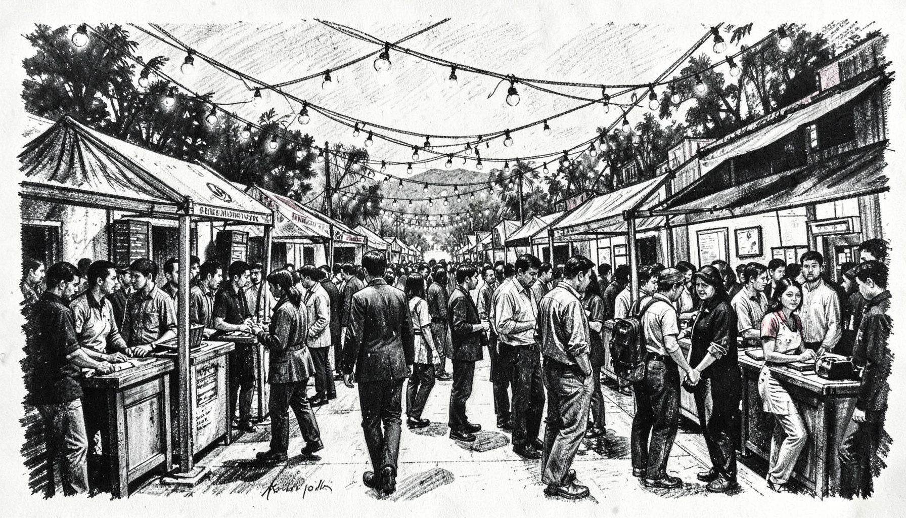 A bold charcoal drawing of a bustling technology festival in Nepal, with crowds moving between exhibition booths under strings of lights, rendered in lively dark strokes.