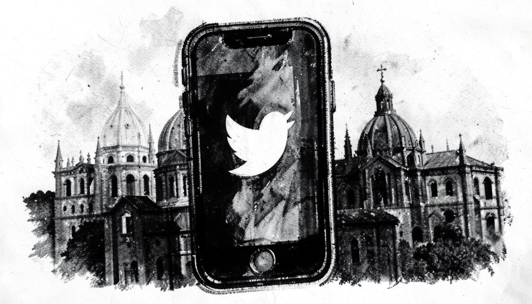 A bold charcoal drawing of a smartphone displaying the Twitter logo with St. Peter's Basilica silhouetted in the background, stark black and grey contrasts evoking tradition meeting modernity.