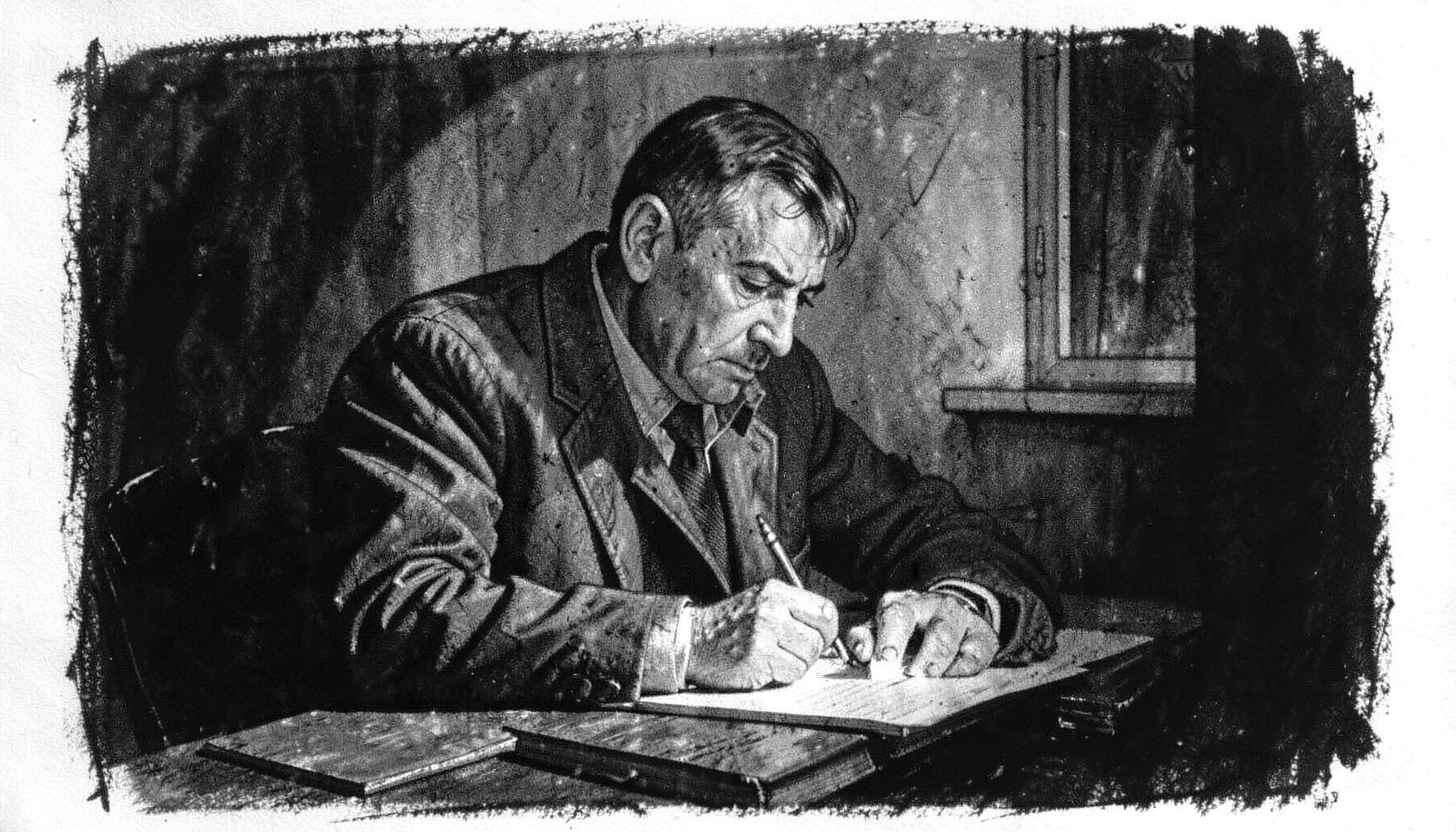 A bold charcoal drawing of a lone journalist taking notes in a dimly lit room, deep shadows and soft grey highlights, contemplative and quiet.