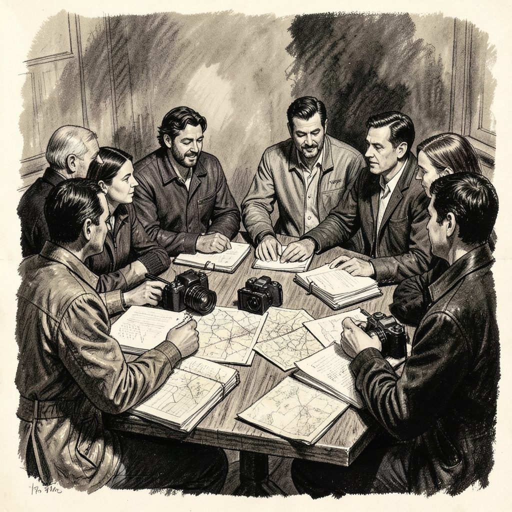 A bold charcoal drawing of a diverse group of reporters gathered around a table strewn with notebooks, cameras, and maps, warm greys and deep blacks with soft cross-hatching, conveying collaboration and purpose.